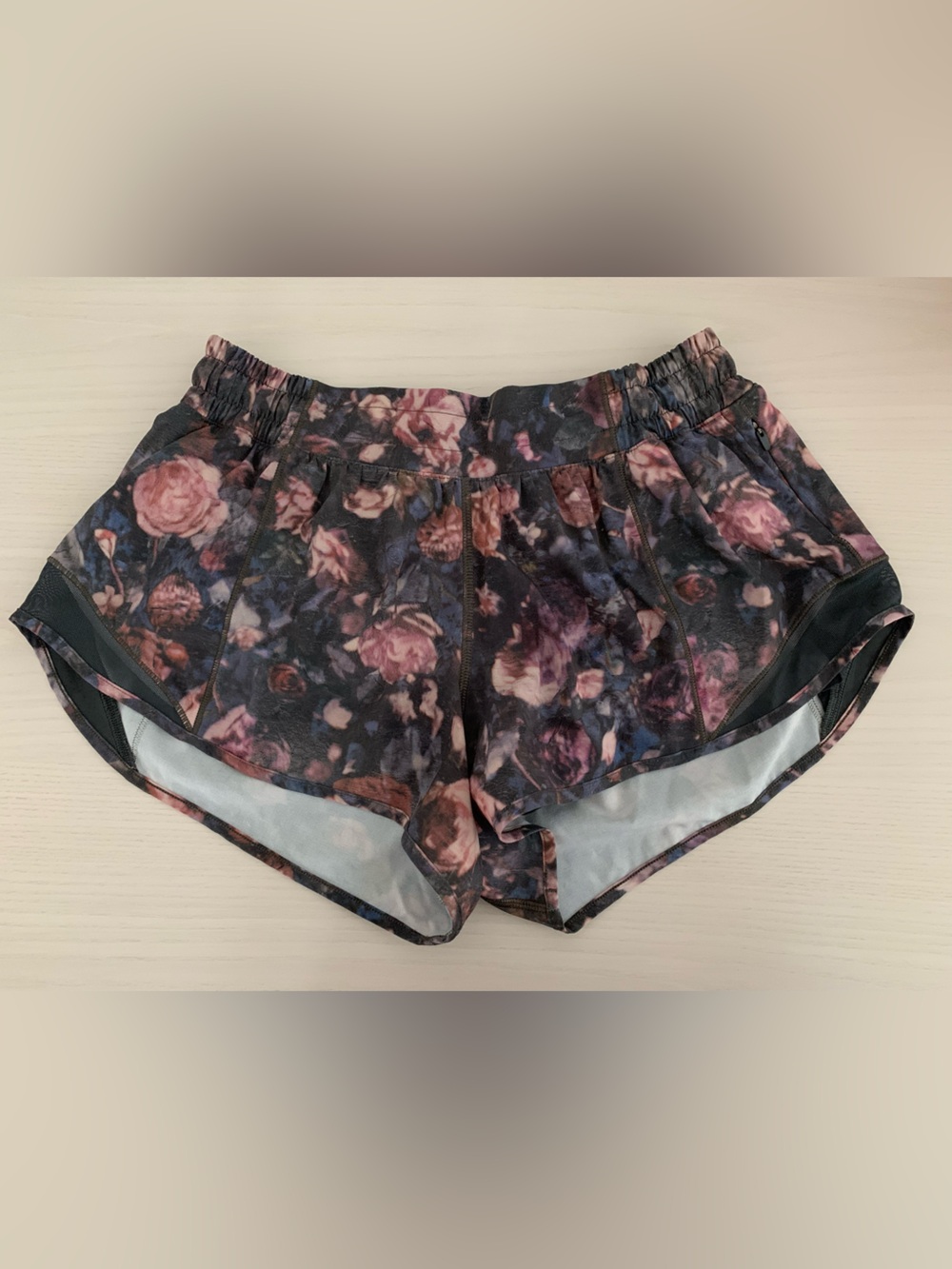 lululemon athletica Women's Floral Athletic Shorts — Black with Pink Rose Print